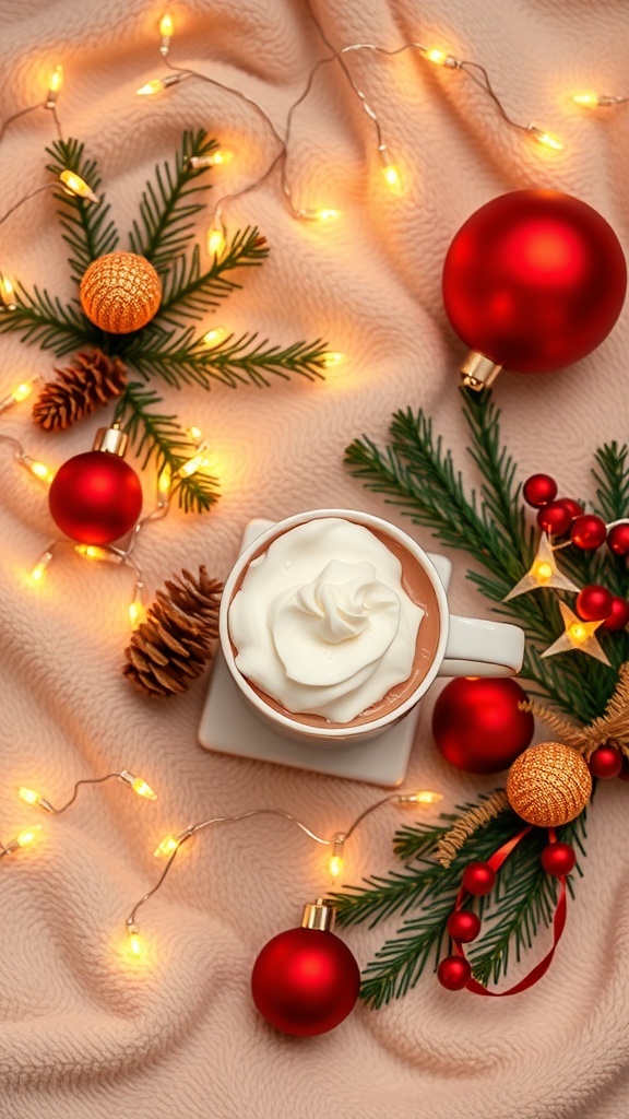A cozy Christmas aesthetic flat lay with fairy lights, pine branches, ornaments, and hot cocoa.